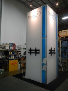 RENTAL: Island Rental with 14 ft. Tower, Lounge, Large Format Graphics, RE-1228 Curved Counter, RE-1219 Square Pedestal, and Blue Acrylic Accent Tiles and Infill Panels -- Image 3