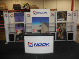 Custom Visionary Designs Exhibit with (4) Inset Counters with Locking Storage, (8) Shelves, Header, and MOD-1185 Reception Counter -- Image 1