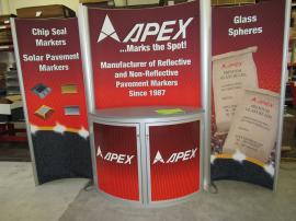 Modified ECO-2018 Sustainable Exhibit with Recyclable Aluminum Frame, Recycled Tension Fabric, and Locking Storage. Re-configures to 10 x 10