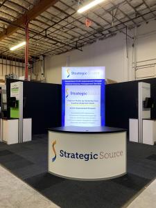 RENTAL: RE-2086 Freestanding Lightbox, (2) Large Monitor Mounts, (2) 55" Monitors, (2) Double-Sided Kiosks with (4) Monitor Mounts, (2) RE-1227 Workstation Counters, (4) 32" Monitors, (1) 48" Wide x 86" High Double-Sided Lightbox, RE-1205 Large Curved Rec