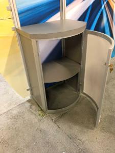 VK-1321 Portable Hybrid Exhibit with Tension Fabric and Direct Print Graphics, Locking Storage, Monitor Mount, Accent Lighting, and Literature Tray