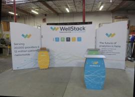 Symphony SYK-2009 Portable Inline with SEG fabric Graphics, Workstation with Wireless Charging, SYM-408 Portable Counter with Storage, and LED Stem Lights