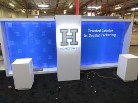 Modified VK-4030 Custom Modular Exhibit with Backlit Graphics, Storage Box, Monitor Mount, and (2) Custom Pedestals with Storage. Converts to VK-1356