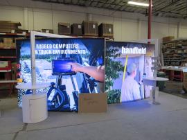 Modified GK-2011 Inline Exhibit with Curved Backlit Graphics, Workstations, Monitor Mount, Tablet Mounts, Literature Holders, and Locking Storage