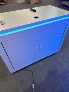 RENTAL: Modified RE-1090 Inline Design with SYM-502 Large Arch SEG Frame, 42" Wide x 95" High Single-Sided Lightbox, RE-1576 White Laminated Reception Counter, LED Arm Light, 43" Monitor, SEG Fabric Graphics, and Vinyl Applied Graphics -- View 4