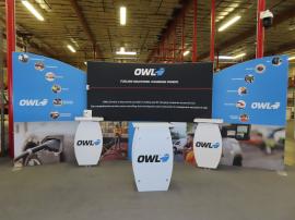 Modified SYK-1014 and SYK-2009 Symphony Portable Displays with Monitor Mount, Backwall Counter, Wireless Charging Pads, LED Stem Lights, SEG and Direct Print Graphics, and SYM-408 Portable Counter with Locking Storage