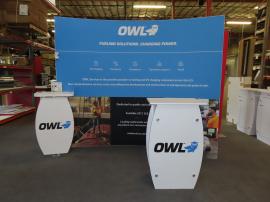 Modified SYK-1014 and SYK-2009 Symphony Portable Displays with Monitor Mount, Backwall Counter, Wireless Charging Pads, LED Stem Lights, SEG and Direct Print Graphics, and SYM-408 Portable Counter with Locking Storage -- View 2