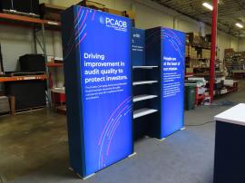 GK-1014 Gravitee Modular Inline Exhibit with Backlit Fabric Graphics, Shelves, LED Stem Light, and GOD-1558 Counter with Locking Storage -- View 2