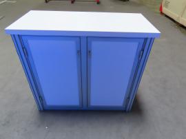 GK-1014 Gravitee Modular Inline Exhibit with Backlit Fabric Graphics, Shelves, LED Stem Light, and GOD-1558 Counter with Locking Storage -- View 5