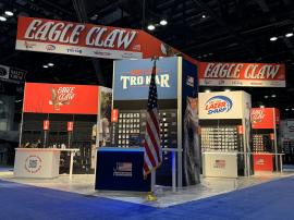 RENTAL: Island Rental Design with (3) 10' Wide x 12' High Double-Sided Gravitee System Kiosks with Black Slatwall on Both Sides.