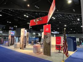 RENTAL: Island Rental Design with (3) 10' Wide x 12' High Double-Sided Gravitee System Kiosks with Black Slatwall on Both Sides -- View 2