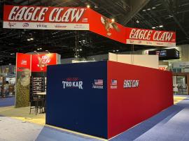 RENTAL: Island Rental Design with (3) 10' Wide x 12' High Double-Sided Gravitee System Kiosks with Black Slatwall on Both Sides -- View 3