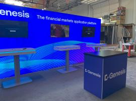 RENTAL: RE-2117 Inline Design with 232" Wide x 96" High Single-Sided Lightbox with Fabric Blocker, (3) Large Monitor Mounts with Internal Extrusion Supports, (3) 43" Monitors with HDMI Cables, (3) RE-709 Charging Station Tables, RE-1202 Reception Counter,