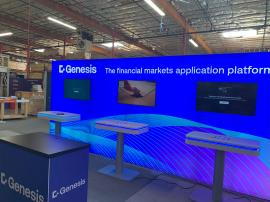 RENTAL: RE-2117 Inline Design with 232" Wide x 96" High Single-Sided Lightbox with Fabric Blocker, (3) Large Monitor Mounts with Internal Extrusion Supports, (3) 43" Monitors with HDMI Cables, (3) RE-709 Charging Station Tables, RE-1202 Reception Counter,