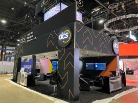 RENTAL: Custom Double Deck @ 34 ft x 23 ft with (2) Staircases, Finished Drop Ceiling, Graphic Framework Around Handrails, Custom Gravitee System Panels for Staircases, Staircase Riser Panels, (7) Large Monitor Mounts, 55" and 65" Monitors, Black Can Ligh