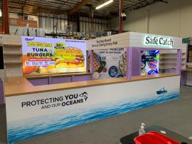 RENTAL: Custom Inline Design with Store Front Header Structure, Large Custom U-Shaped Cooking Counter Arrangement, Single-Sided Lightboxes, Sneeze Guard, Laminated Shelving with LED Underlighting, 55" Monitor with HDMI Cable, SEG Backlit and Non-Backlit G