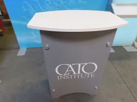 Modified VK-1362 Modular Exhibit with Tension Fabric Graphics, (3) Slanted Shelves, Backlighting, and SYM-406 Portable Counter with Locking Storage -- View 2