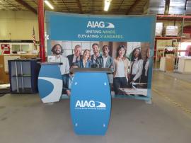 SYK-1014 Symphony Portable Display with SEG Graphic, Backwall Workstation with Wireless Charging Pad and Graphic, Monitor Mount, LED Stem Lights, and SYM-408 Portable Counter with Locking Storage