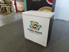 Modified Gravitee GK-2989 Modular Inline Exhibit with Tension Fabric Graphics, Locking Closet, and MOD-1724 Counter with Locking Storage -- View 2