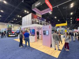 RENTAL: Enlarged Medium Double Deck Design @ 22' x 16' with Storage Closet, Upper Gravitee Panel System Conference Rooms, Finished Drop Ceiling with (12) LED Can Lights, (2) 54" x 12" White Laminated Shelves, Angled Staircase Structure, Lower Graphic Wall