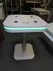 MOD-1727 Custom Curved Counter with LED Accent Lights and Locking Storage and MOD-1458 Wireless Charging Table with LED Accent Lights
