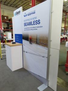 Modified ECO-1126 Sustainable Inline with Tension Fabric Graphics, Accent Wings, Aluminum Extrusion Frame, Counter with Locking Storage, Monitor Mount, and Adjustable LED Stem Lights -- View 2