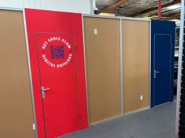 Island Design with (2) Gravitee Panel System Enclosed Conference Rooms with Locking Doors and White PVC Insert Panels for Interior Walls -- View 6