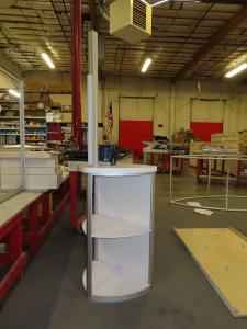 MOD-1561 Modular Monitor Kiosk with Monitor Mount, Graphic, and Open Shelving/Storage -- View 2