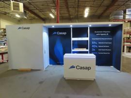 Custom Gravitee Modular Inline with Fabric Graphics, Storage Closet, Shelving, Puck Lights, Monitor Mounts, and MOD-1596 Reception Counter with Storage -- View 2