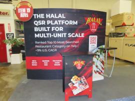 SYK-1029 Symphony Portable with SEG Fabric Graphic, Backwall Workstation, Floating Graphic, Wireless Charging, and SYM-407 Counter with Locking Storage