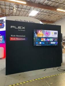 RENTAL: Island Design with (4) 60" Wide x 144" High Double-Sided Lightboxes, (2) Curved Gravitee Double-Sided Bridged Headers at 141" Wide x 47.5" High, Gravitee Storage Closet at 118" Wide x 42" Deep x 95" High, with Locking Door, (1) 84" Wide x 84" High