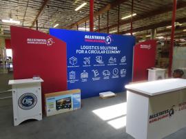 Modified SYK-2040 Symphony Display with SEG Fabric Graphics, Backlighting, (2) SYM-406B Counters with Locking Storage, Monitor Mounts, and Custom Reception Counter with Storage -- View 2