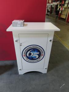 Modified SYK-2040 Symphony Display with SEG Fabric Graphics, Backlighting, (2) SYM-406B Counters with Locking Storage, Monitor Mounts, and Custom Reception Counter with Storage -- View 3
