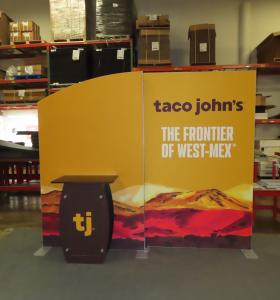 Symphony SuperNova Portable Modular Display with Tension Fabric Graphics, SYM-408b Backwall Counter with Locking Storage, and Monitor Mount